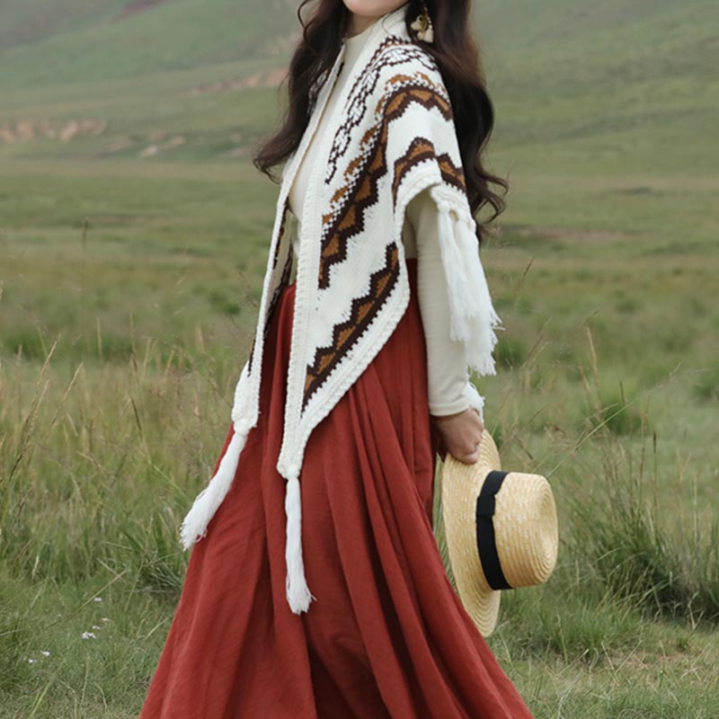 Châle triangulaire tibétain à rayures avec Buddha Stones et pompons pour l'hiver - image 4
