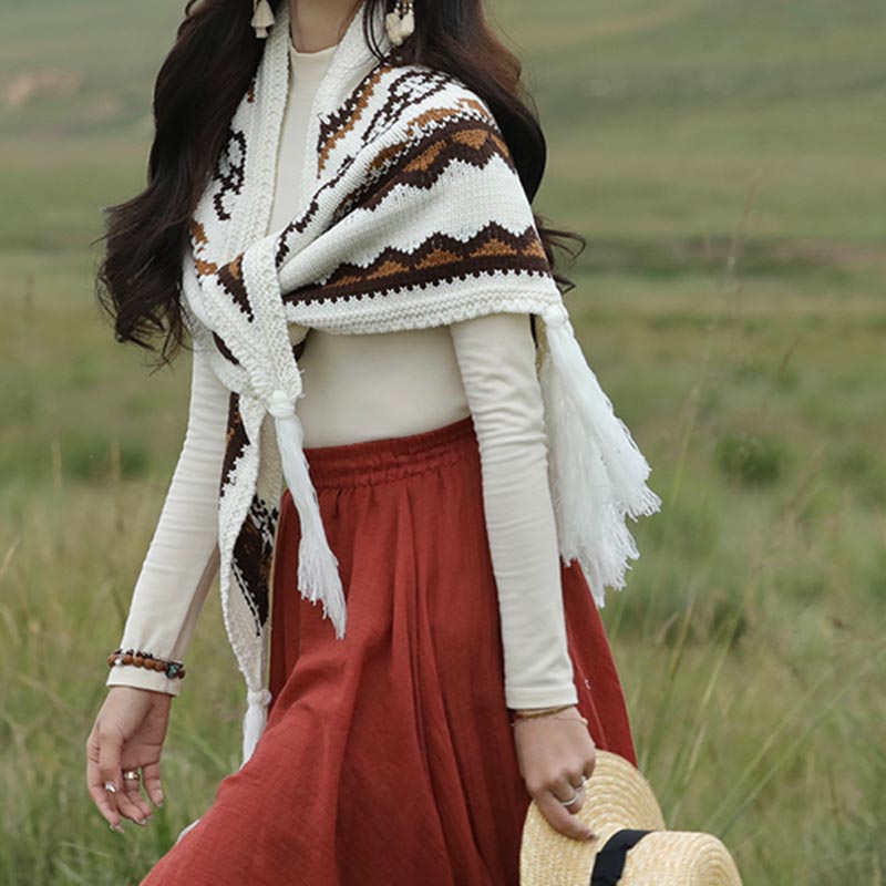 Châle triangulaire tibétain à rayures avec Buddha Stones et pompons pour l'hiver - image 6