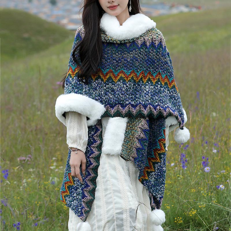 Écharpe de voyage confortable en tricot avec Buddha Stones tibétaines multicolores ondulées - Bleu marine 150*106cm - image 0