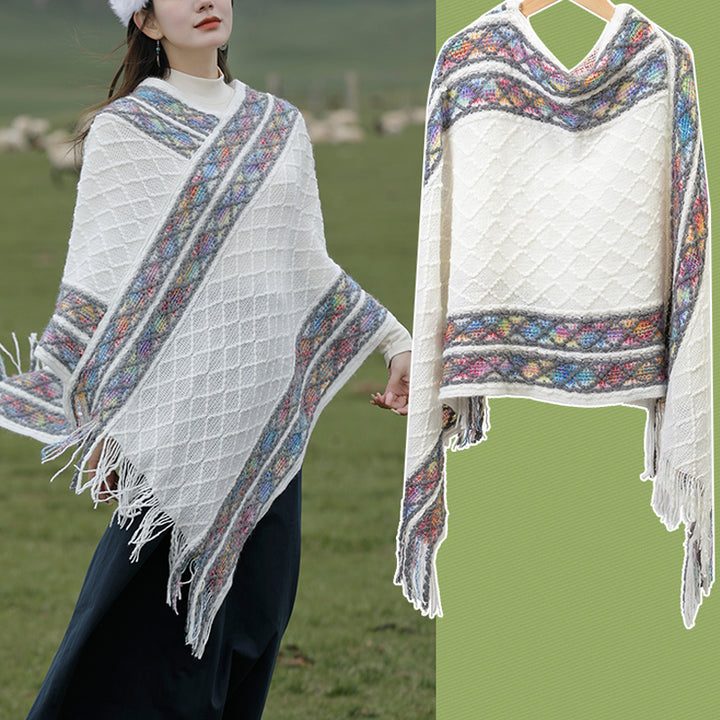 Châle à pompons à rayures colorées et motifs losanges tibétains en Buddha Stones , pull d'hiver confortable pour voyage - image 4