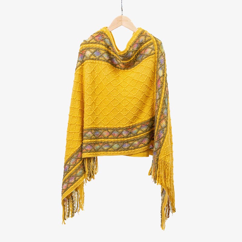 Châle à pompons à rayures colorées et motifs losanges tibétains en Buddha Stones , pull d'hiver confortable pour voyage - Jaune 150 cm x 55 cm - image 19