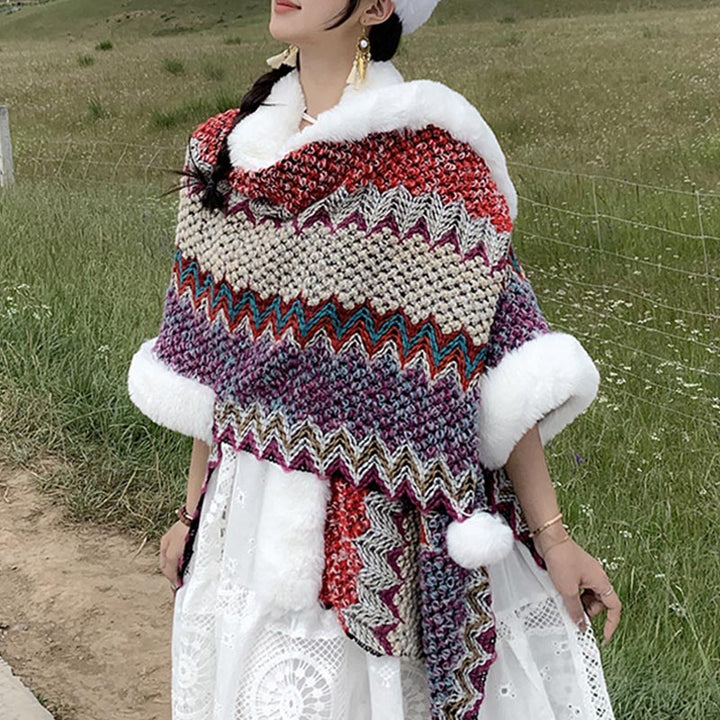 Écharpe de voyage confortable en tricot avec Buddha Stones tibétaines multicolores ondulées