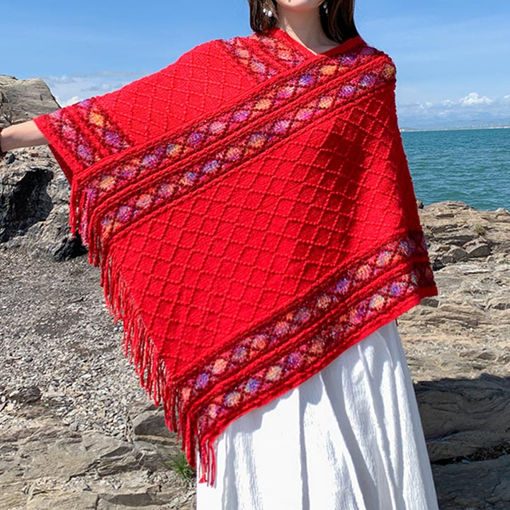 Châle à pompons à rayures colorées et motifs losanges tibétains en Buddha Stones , pull d'hiver confortable pour voyage - image 16