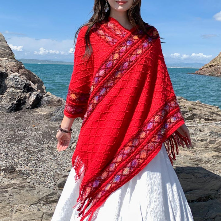 Châle à pompons à rayures colorées et motifs losanges tibétains en Buddha Stones , pull d'hiver confortable pour voyage - image 14