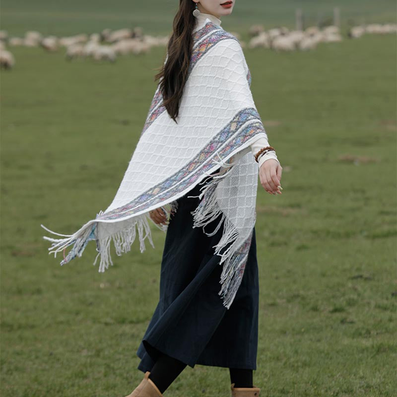 Châle à pompons à rayures colorées et motifs losanges tibétains en Buddha Stones , pull d'hiver confortable pour voyage - image 3