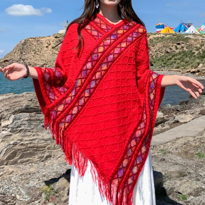 Châle à pompons à rayures colorées et motifs losanges tibétains en Buddha Stones , pull d'hiver confortable pour voyage - image 13