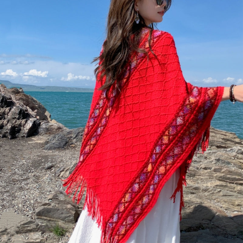 Châle à pompons à rayures colorées et motifs losanges tibétains en Buddha Stones , pull d'hiver confortable pour voyage - image 17