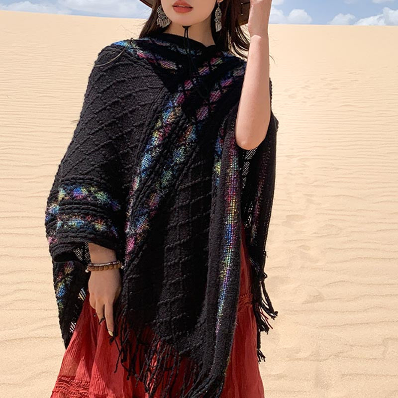 Châle à pompons à rayures colorées et motifs losanges tibétains en Buddha Stones , pull d'hiver confortable pour voyage - image 7