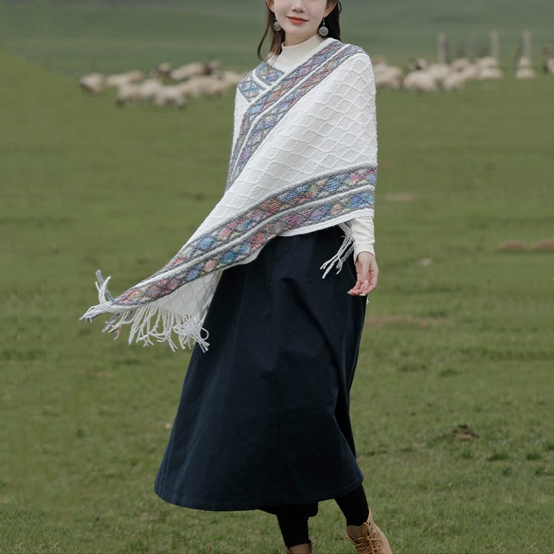 Châle à pompons à rayures colorées et motifs losanges tibétains en Buddha Stones , pull d'hiver confortable pour voyage - image 2