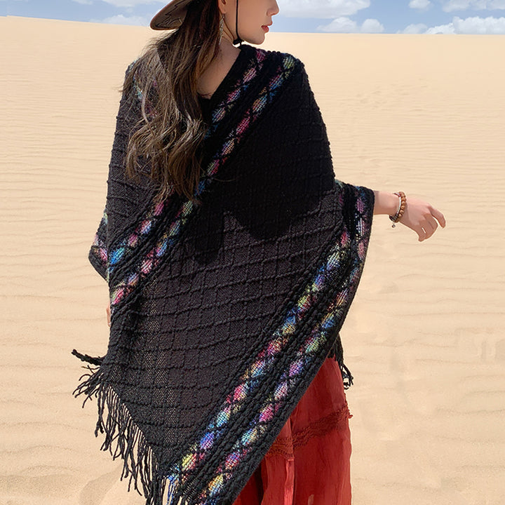 Châle à pompons à rayures colorées et motifs losanges tibétains en Buddha Stones , pull d'hiver confortable pour voyage - image 9