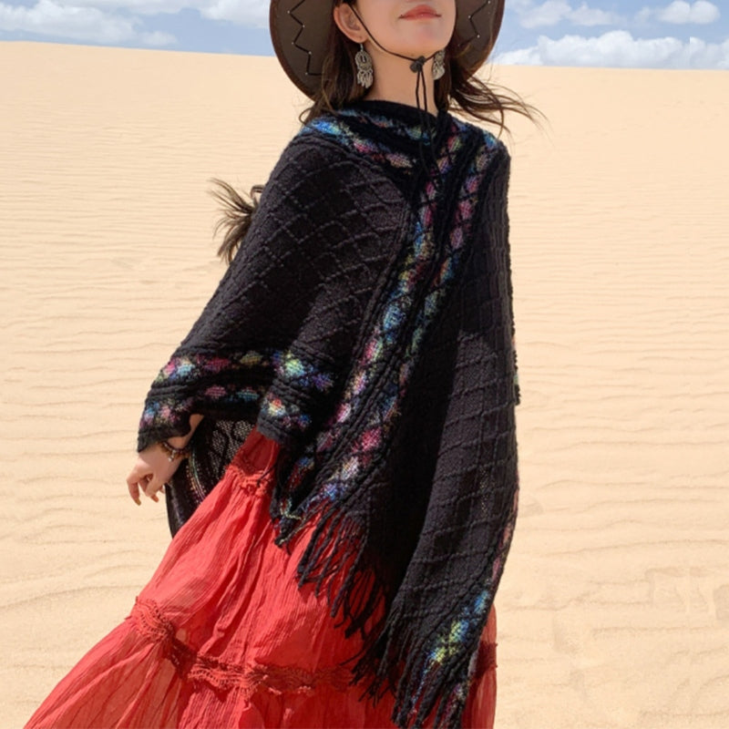 Châle à pompons à rayures colorées et motifs losanges tibétains en Buddha Stones , pull d'hiver confortable pour voyage - image 6