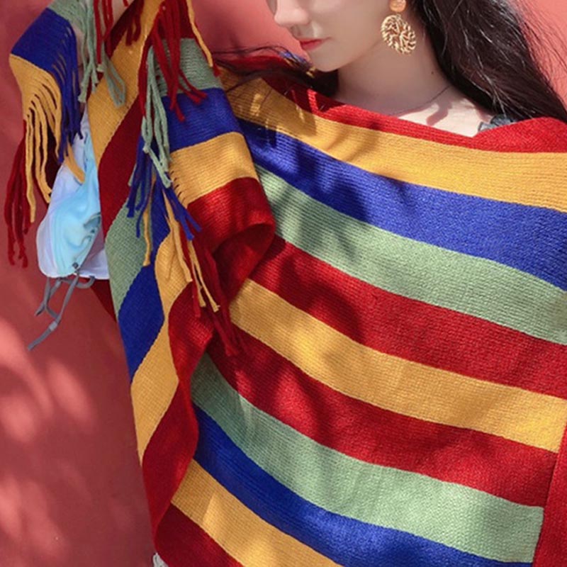Châle à rayures colorées tibétaines avec Buddha Stones , pull à pompons, écharpe de voyage confortable pour l'hiver - image 7