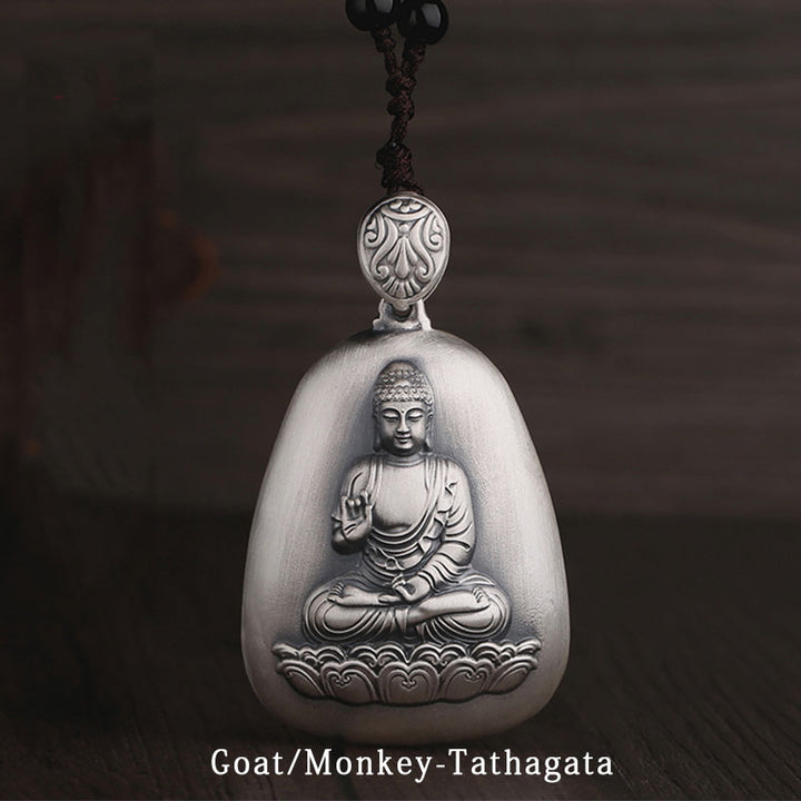 Collier pendentif de protection gravé en argent sterling 999 avec Buddha Stones et symbole du zodiaque chinois - Chèvre/Singe-Tathagata - image 0