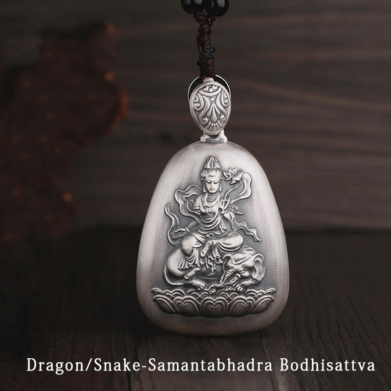 Collier pendentif de protection gravé en argent sterling 999 avec Buddha Stones et symbole du zodiaque chinois