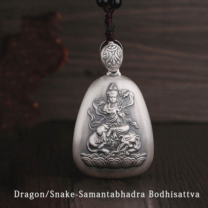 Collier pendentif de protection gravé en argent sterling 999 avec Buddha Stones et symbole du zodiaque chinois