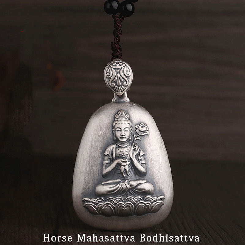 Collier pendentif de protection gravé en argent sterling 999 avec Buddha Stones et symbole du zodiaque chinois