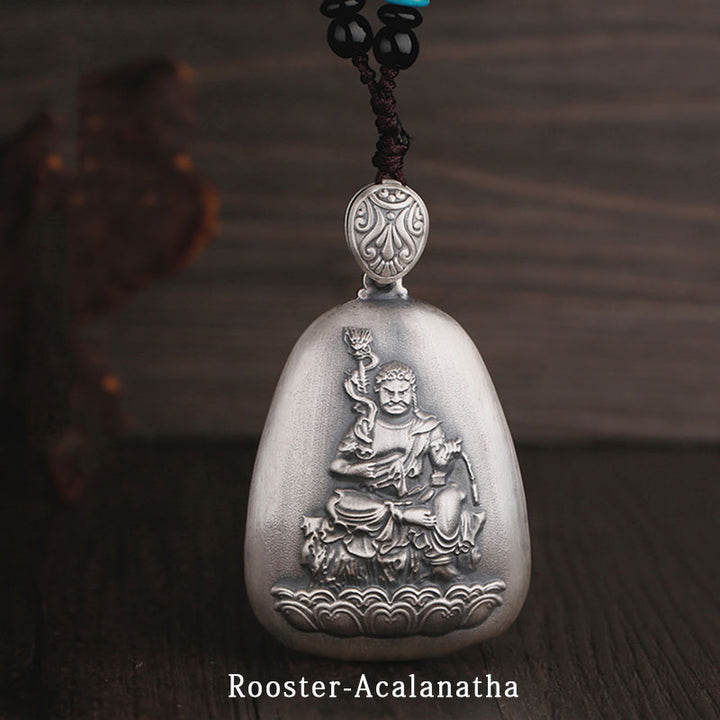 Collier pendentif de protection gravé en argent sterling 999 avec Buddha Stones et symbole du zodiaque chinois