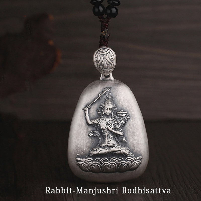 Collier pendentif de protection gravé en argent sterling 999 avec Buddha Stones et symbole du zodiaque chinois