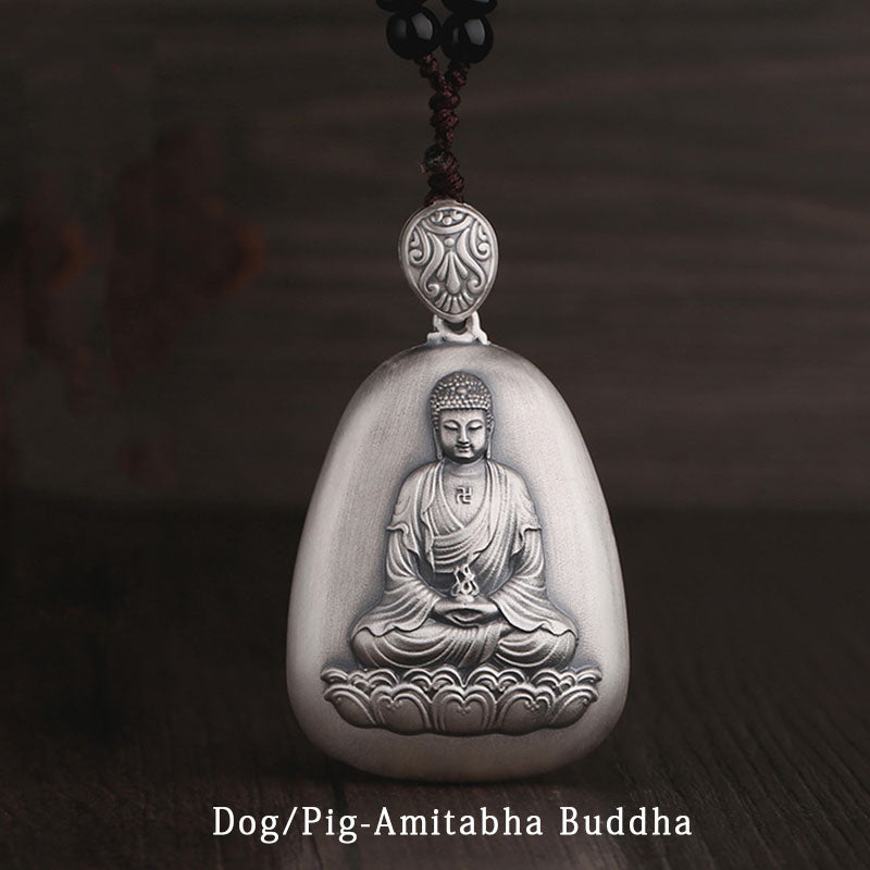 Collier pendentif de protection gravé en argent sterling 999 avec Buddha Stones et symbole du zodiaque chinois