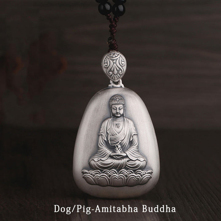 Collier pendentif de protection gravé en argent sterling 999 avec Buddha Stones et symbole du zodiaque chinois