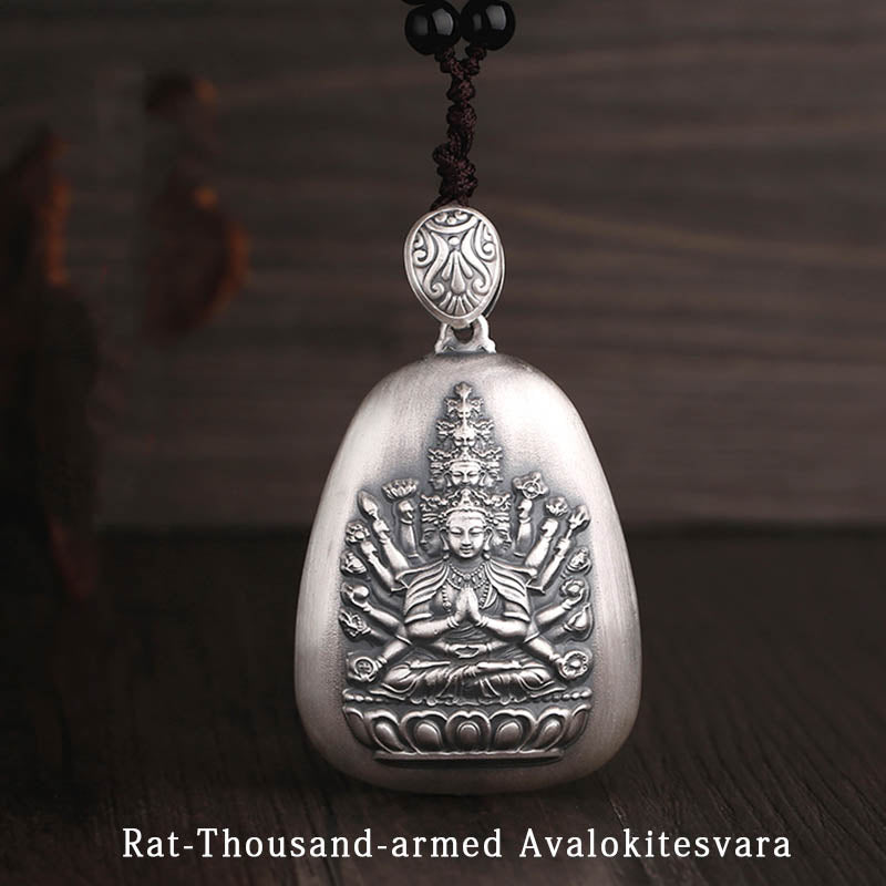 Collier pendentif de protection gravé en argent sterling 999 avec Buddha Stones et symbole du zodiaque chinois - Avalokitesvara aux mille bras du rat - image 15