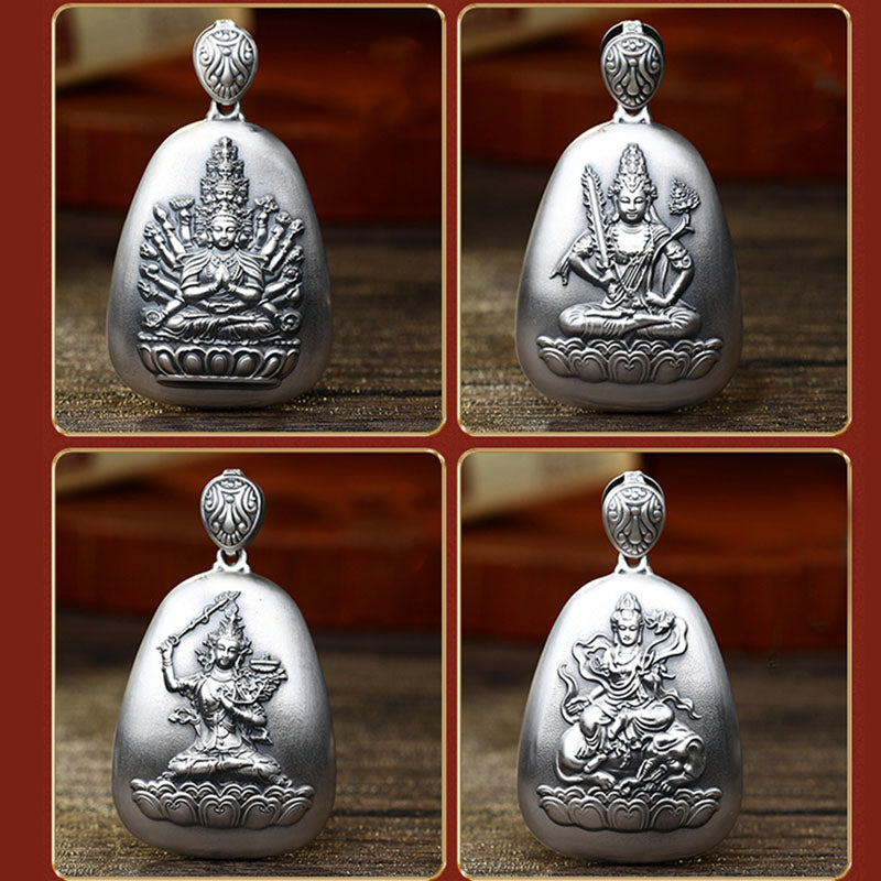 Collier pendentif de protection gravé en argent sterling 999 avec Buddha Stones et symbole du zodiaque chinois