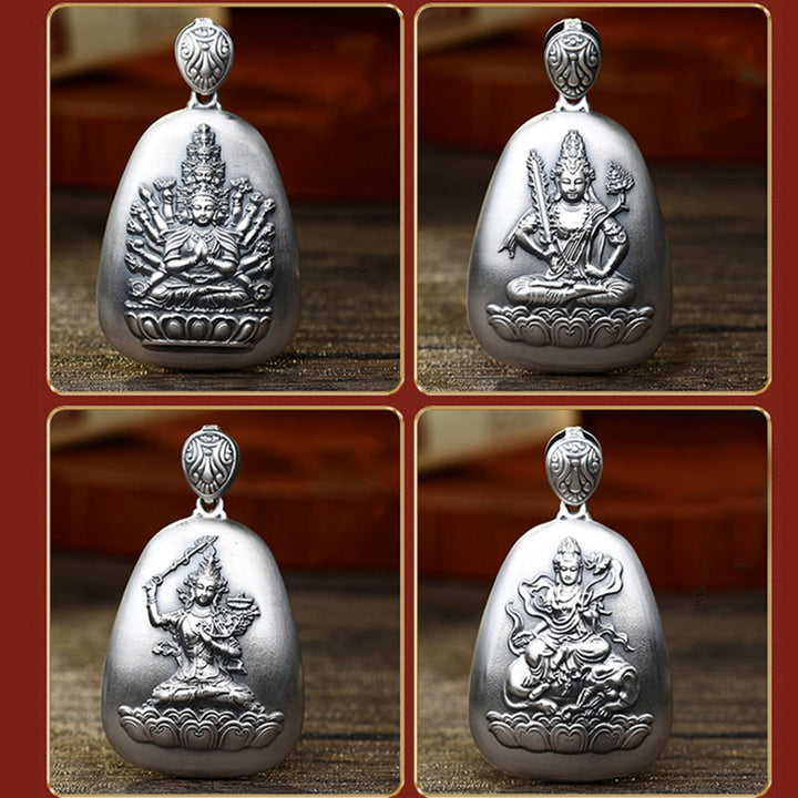Collier pendentif de protection gravé en argent sterling 999 avec Buddha Stones et symbole du zodiaque chinois