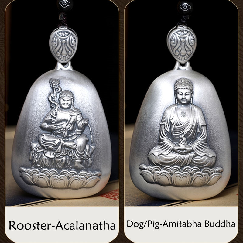 Collier pendentif de protection gravé en argent sterling 999 avec Buddha Stones et symbole du zodiaque chinois