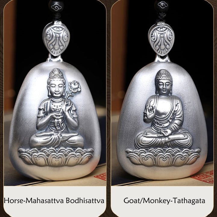 Collier pendentif de protection gravé en argent sterling 999 avec Buddha Stones et symbole du zodiaque chinois