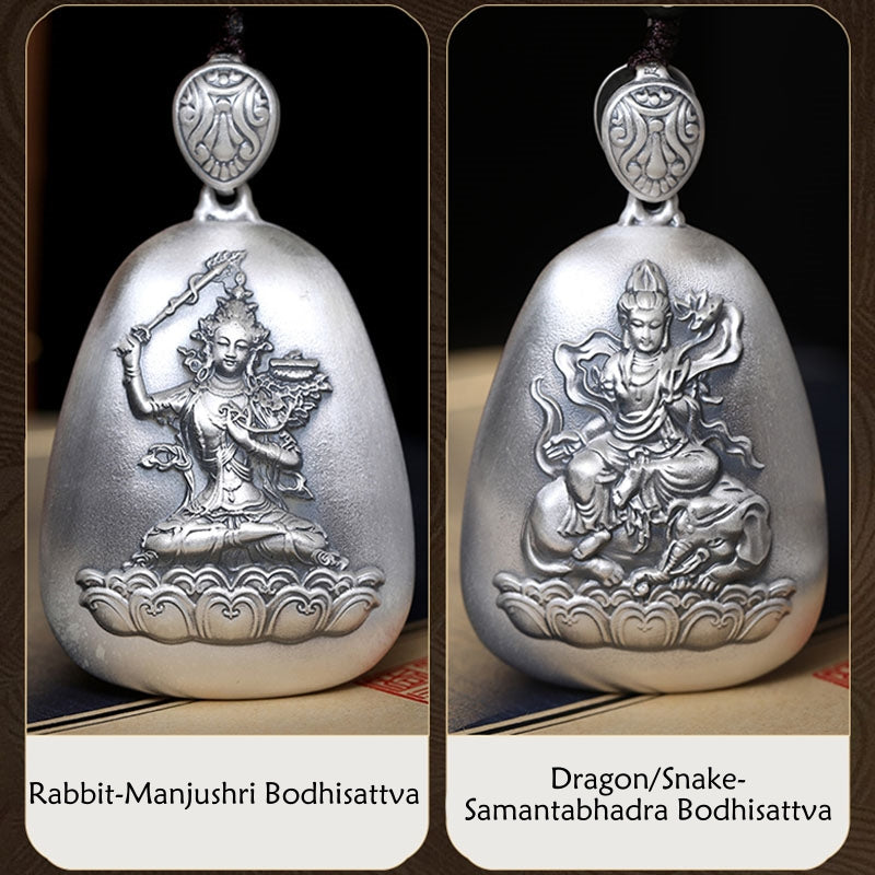 Collier pendentif de protection gravé en argent sterling 999 avec Buddha Stones et symbole du zodiaque chinois