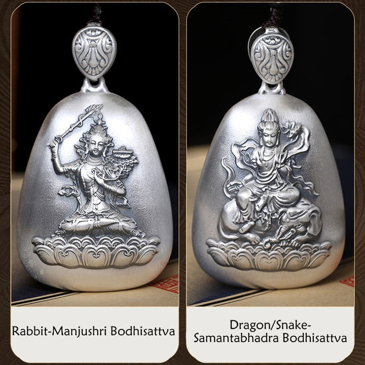 Collier pendentif de protection gravé en argent sterling 999 avec Buddha Stones et symbole du zodiaque chinois
