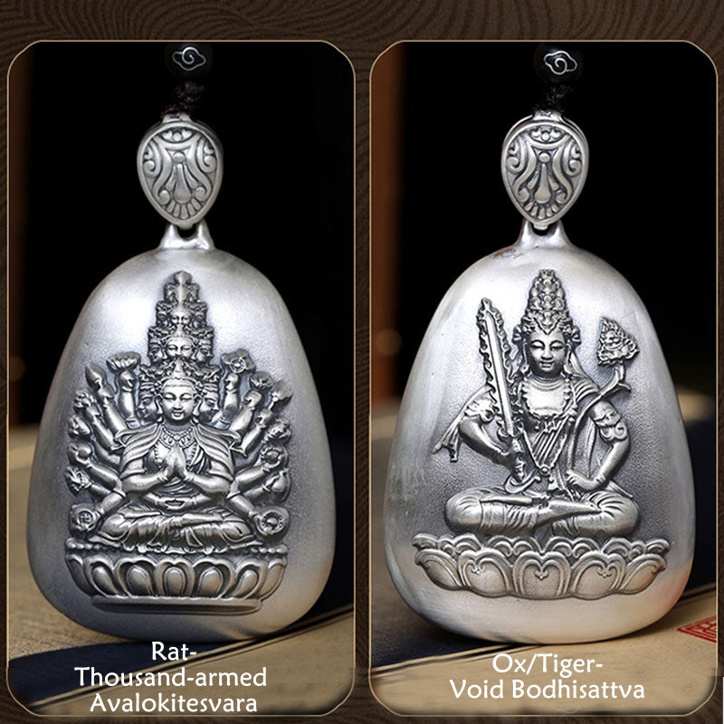 Collier pendentif de protection gravé en argent sterling 999 avec Buddha Stones et symbole du zodiaque chinois