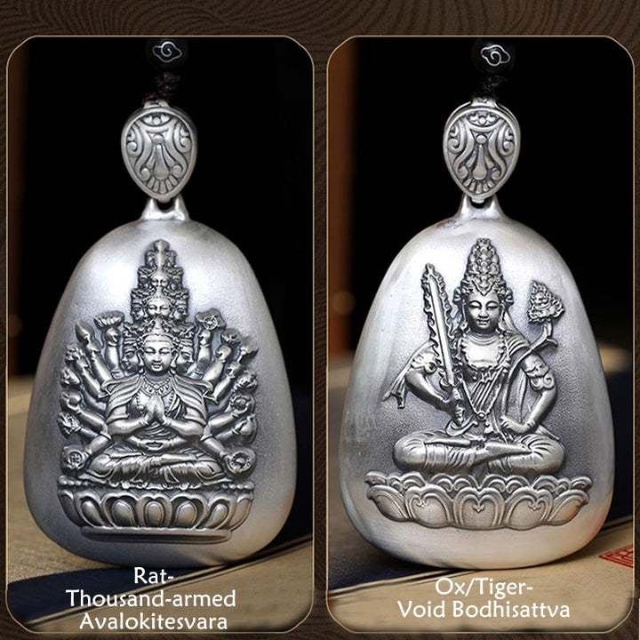 Collier pendentif de protection gravé en argent sterling 999 avec Buddha Stones et symbole du zodiaque chinois
