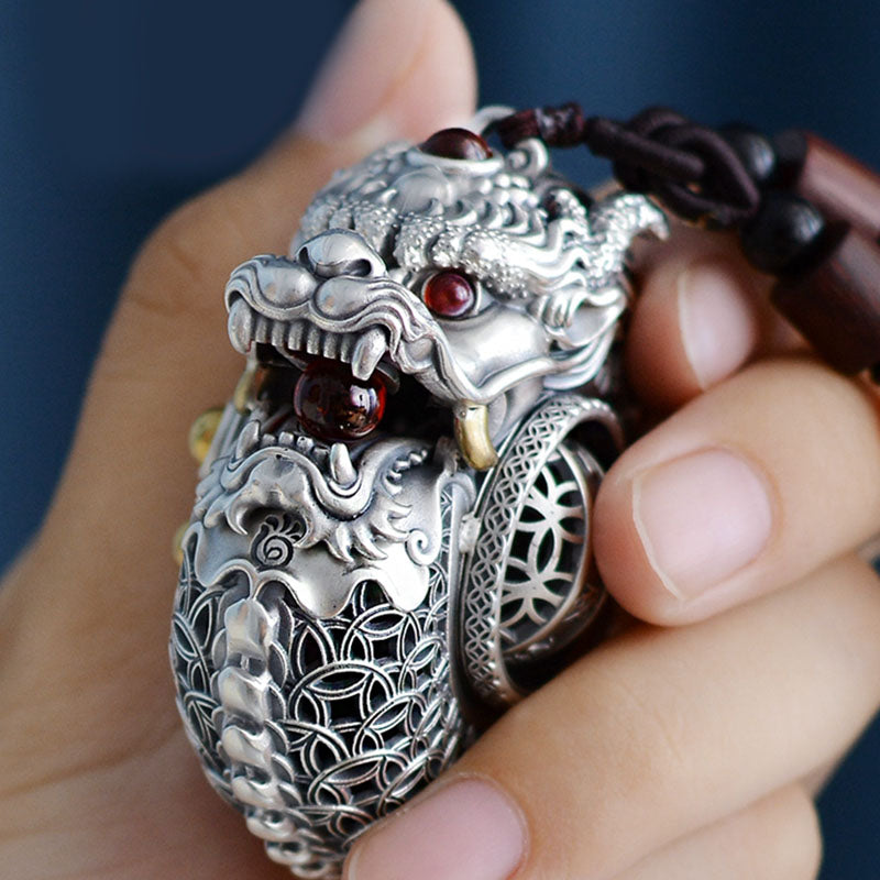 Buddha Stones 999 Argent Sterling Année du Dragon Boule Rotative Cinq Éléments Cuivre Pièce Force Décoration Suspendue