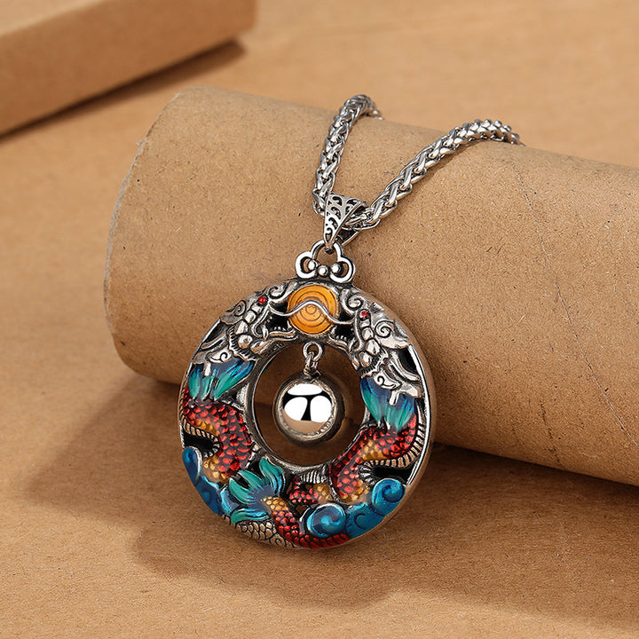 Collier pendentif de protection en cuivre avec perles de jeu doubles colorées de Buddha Stones Année du Dragon