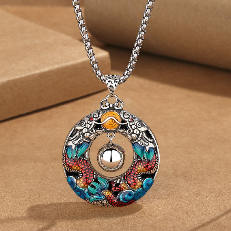 Collier pendentif de protection en cuivre avec perles de jeu doubles colorées de Buddha Stones Année du Dragon