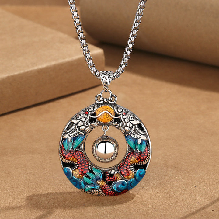 Collier pendentif de protection en cuivre avec perles de jeu doubles colorées de Buddha Stones Année du Dragon
