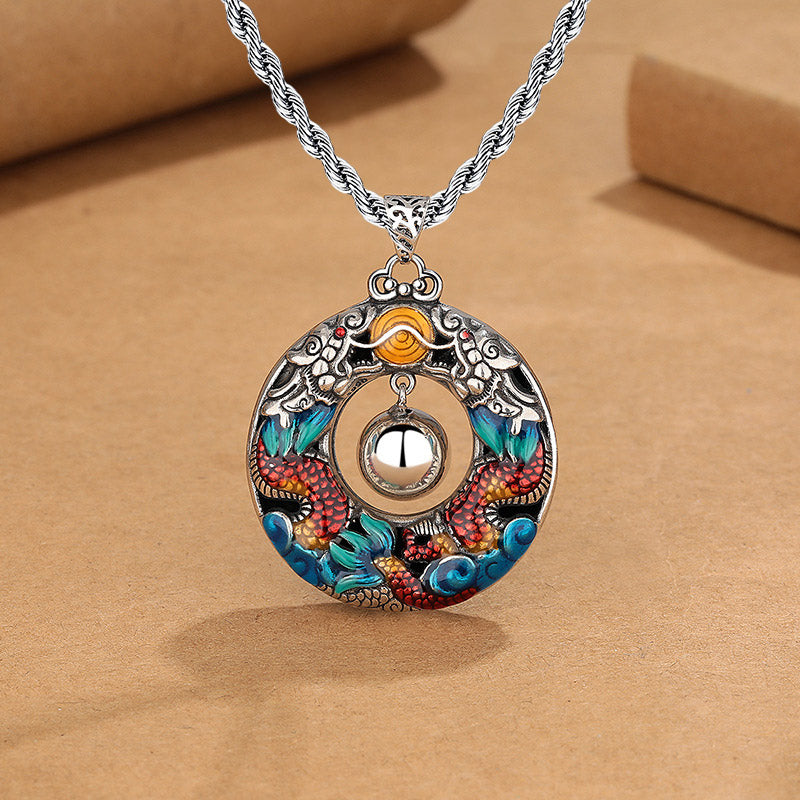 Collier pendentif de protection en cuivre avec perles de jeu doubles colorées de Buddha Stones Année du Dragon
