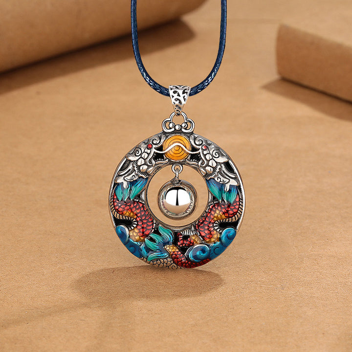 Collier pendentif de protection en cuivre avec perles de jeu doubles colorées de Buddha Stones Année du Dragon