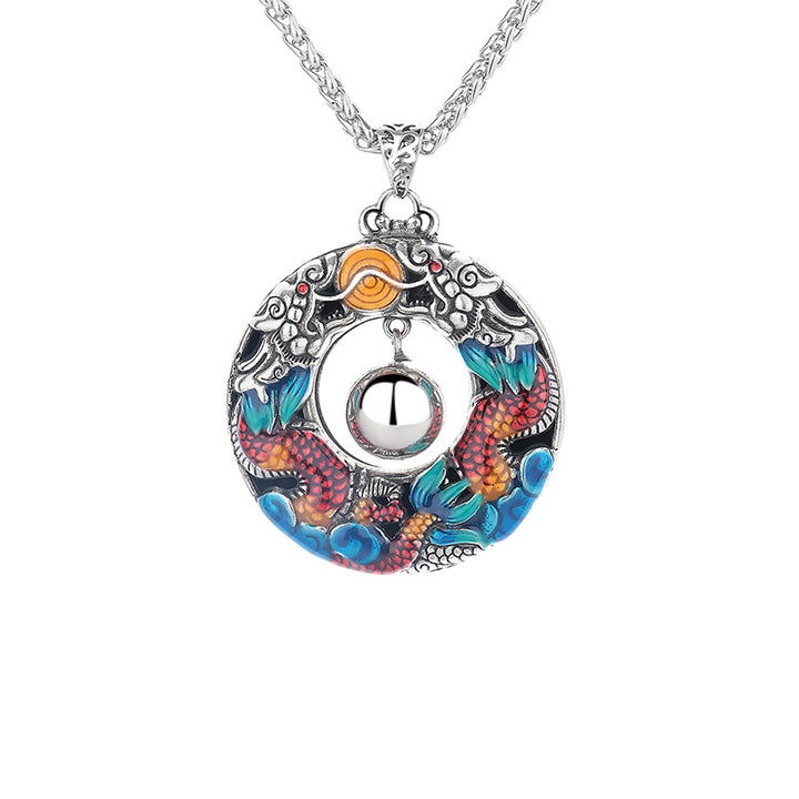 Collier pendentif de protection en cuivre avec perles de jeu doubles colorées de Buddha Stones Année du Dragon