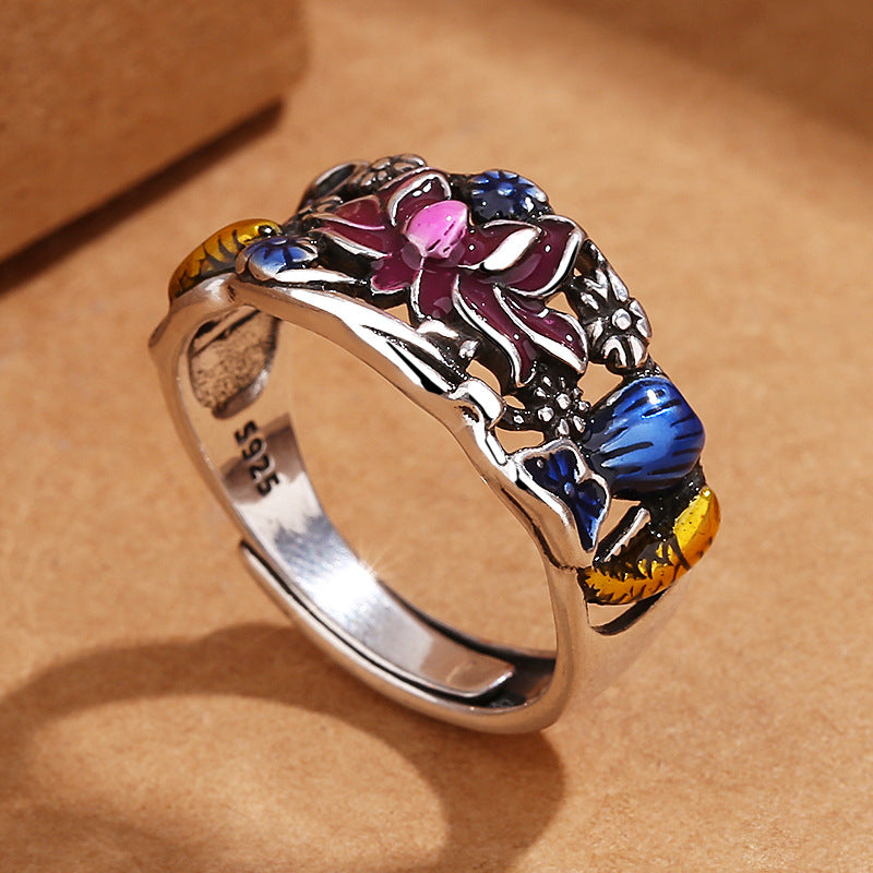 Bague porte-bonheur en forme de feuille de lotus et de poisson Koi Buddha Stones