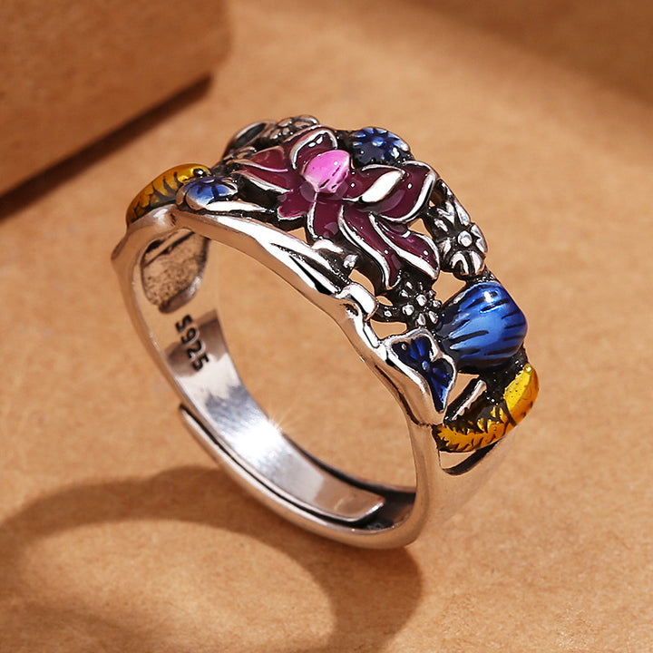 Bague porte-bonheur en forme de feuille de lotus et de poisson Koi Buddha Stones