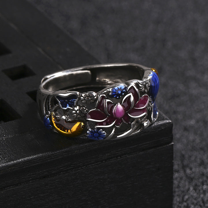 Bague porte-bonheur en forme de feuille de lotus et de poisson Koi Buddha Stones
