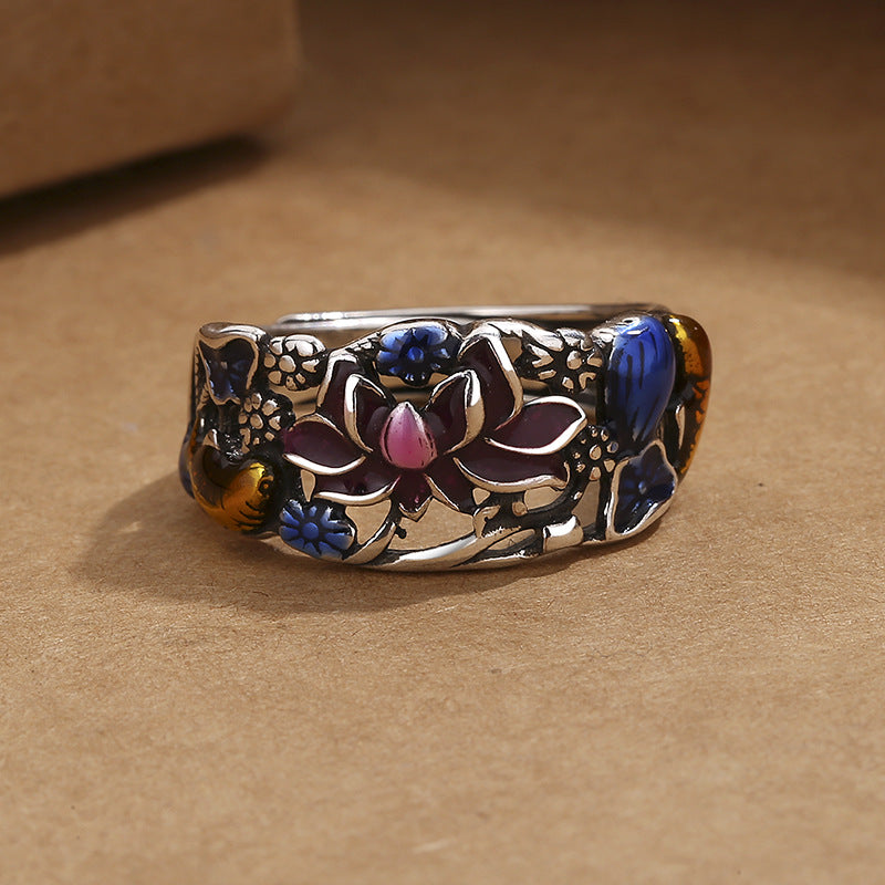 Bague porte-bonheur en forme de feuille de lotus et de poisson Koi Buddha Stones