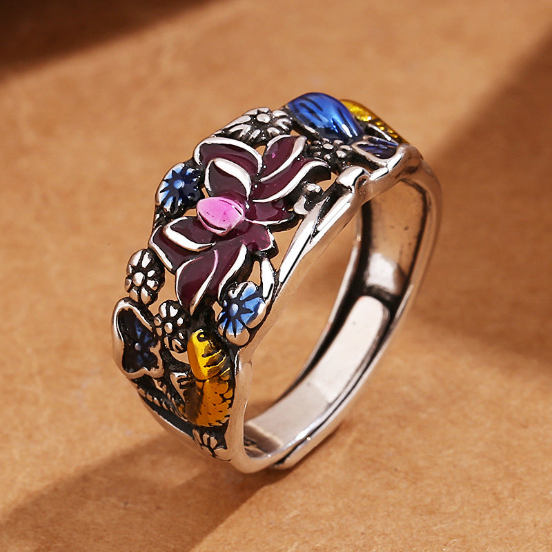 Bague porte-bonheur en forme de feuille de lotus et de poisson Koi Buddha Stones