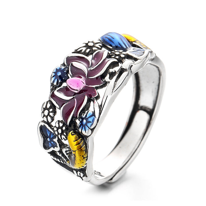 Bague porte-bonheur en forme de feuille de lotus et de poisson Koi Buddha Stones