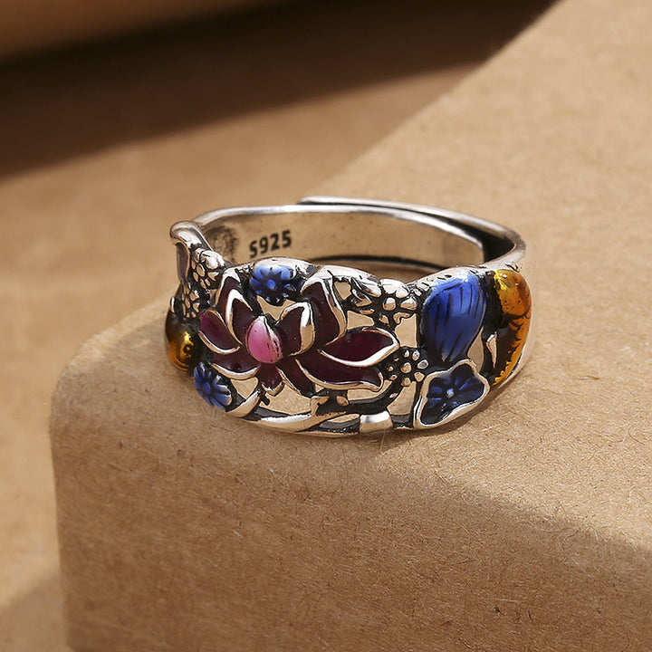 Bague porte-bonheur en forme de feuille de lotus et de poisson Koi Buddha Stones