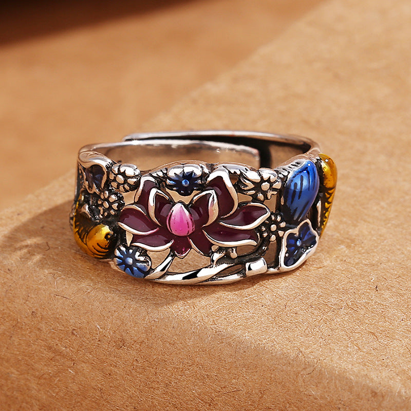 Bague porte-bonheur en forme de feuille de lotus et de poisson Koi Buddha Stones