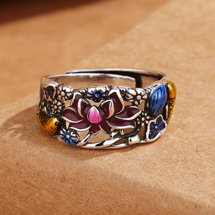 Bague porte-bonheur en forme de feuille de lotus et de poisson Koi Buddha Stones