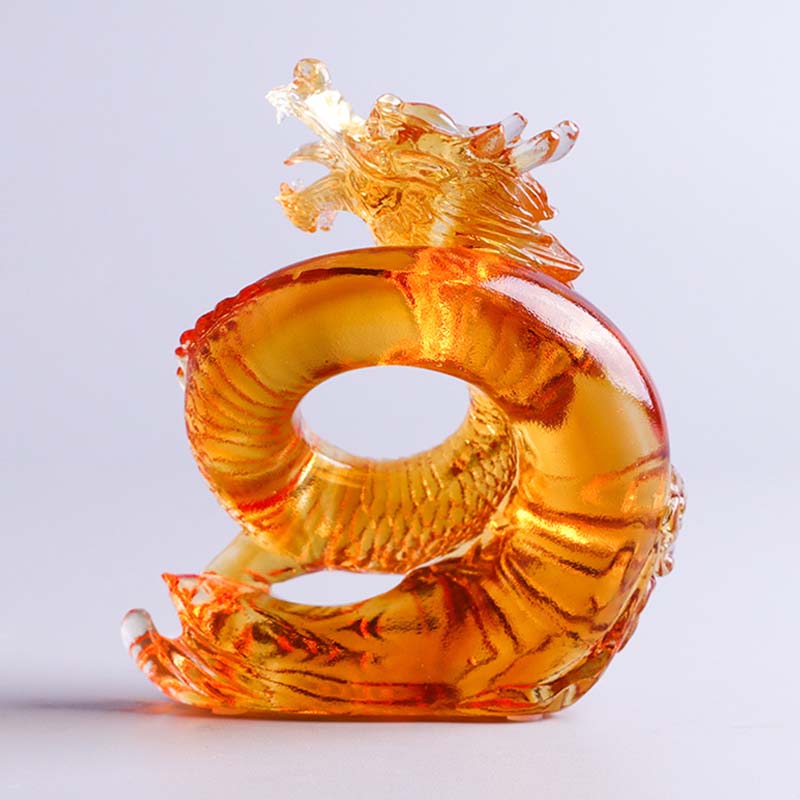 Buddha Stones Année du Dragon Fait à la main Zodiaque chinois Dragon jaune Liuli Cristal Pièce d'art Protection Décoration de bureau à domicile
